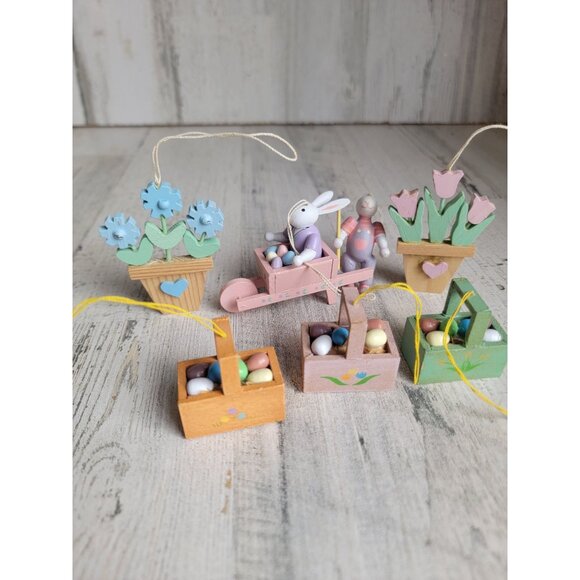 Vintage wooden Easter bunny egg Barrel AS IS ornament set Xmas spring - Picture 2 of 13